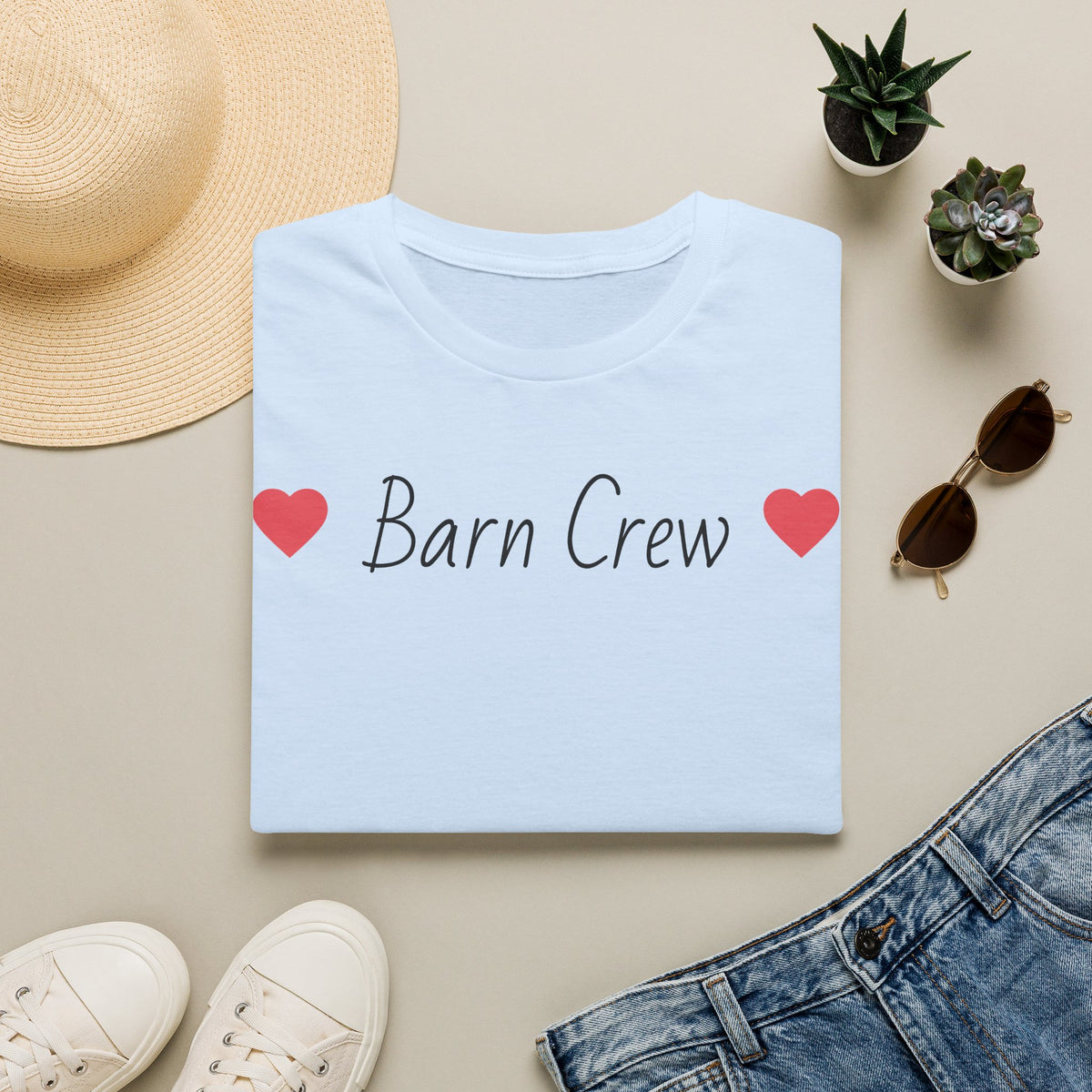 Barn Crew T-Shirt — Rustic Farm Life Tee with Heart Accents