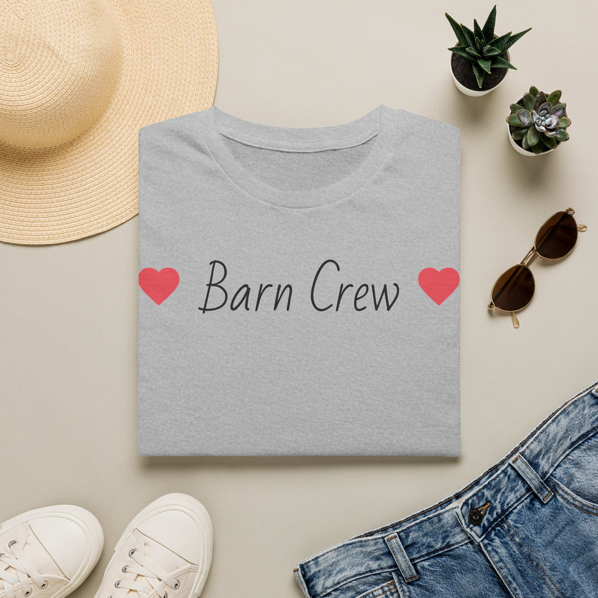 Barn Crew T-Shirt — Rustic Farm Life Tee with Heart Accents