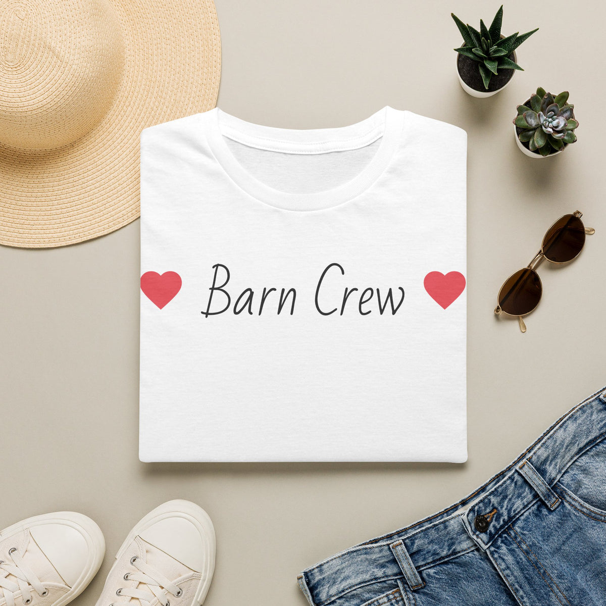 Barn Crew T-Shirt — Rustic Farm Life Tee with Heart Accents